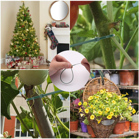 Green Zip Ties Assorted Sizes 4 6 8 12 Inch Pack Of 200 With 18 To 50 Lb Tensile Strength used for Christmas decor and gardening.
