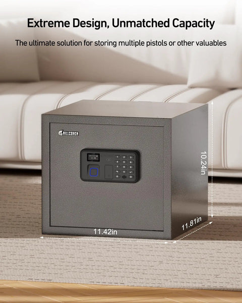 Smart Gun Safe For Multiple Pistols With Automatic Lock LCD Display And Voice Guide, shown in black in a living room setting