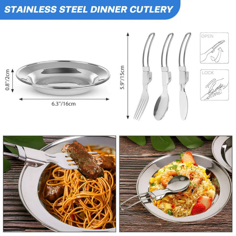 Stainless steel cutlery and dish included in 16-Piece Camping Cookware Set With Folding Stove Nonstick Lightweight Pots And Pans.