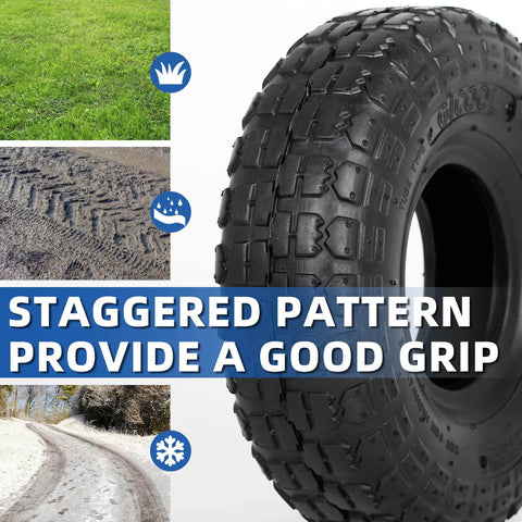 Heavy Duty 10 Inch Replacement Tire and Inner Tube Set 4.10/3.50-4 With TR-13 Straight Valve Stem, close-up view with grip pattern.