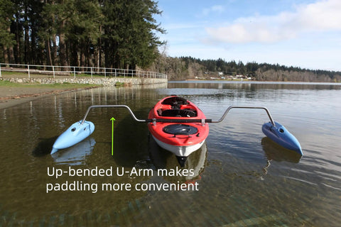 Kayak Stabilizers Package With Hard Outrigger Floats Adjustable Stabilizer System For Fishing Kayaks on water with U-Arm.