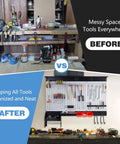 Before and after of Pegboard Wall Organizer Kit 48x36 Inch Heavy Duty Metal Pegboard With Toolboard And 105-Piece Hook Set, Overhead Shelf And Utility Hooks For Garage, Workshop, Basement All In One Storage System showing organized and unorganized tools.