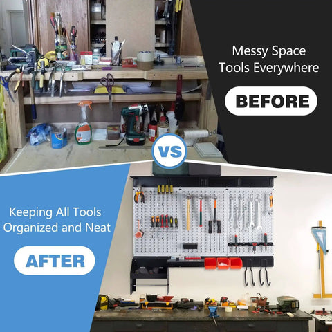 Before and after of Pegboard Wall Organizer Kit 48x36 Inch Heavy Duty Metal Pegboard With Toolboard And 105-Piece Hook Set, Overhead Shelf And Utility Hooks For Garage, Workshop, Basement All In One Storage System showing organized and unorganized tools.
