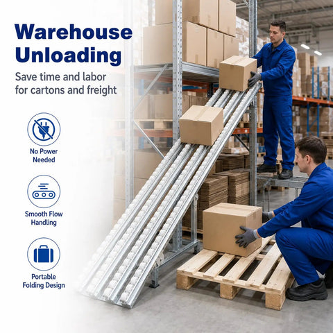 Heavy Duty Gravity Roller Conveyor With Foldable Design For Warehouse Logistics; workers unloading boxes using conveyor system.