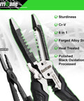 Heavy Duty 6 In 1 Wire Stripper, Crimping Tool And Cutter Pliers with six stripping holes, shown with product features listed.