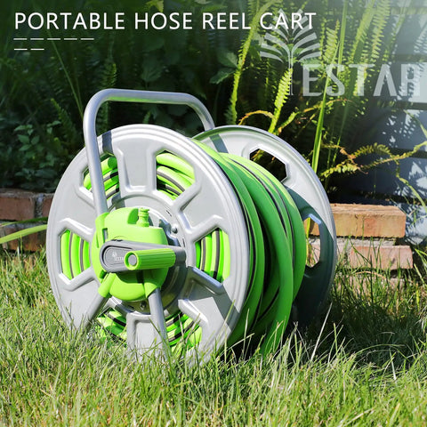 Metal Hose Reel Cart That Holds 100 Feet Of Five Eighth Inch Hose For Outdoor Watering And Storage No Fuss Easy To Move