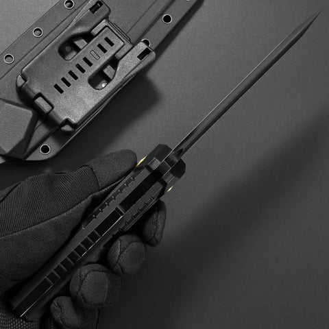 Side view of Durable Fixed Blade Knife With DC53 Steel Tanto Full Tang Nylon Fiberglass Handle Beefy EDC and sheath.
