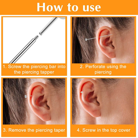 Step-by-step guide using 10 Piece Piercing Taper Ball Grabber Gear For Changing Jewelry to insert and secure earrings in ear