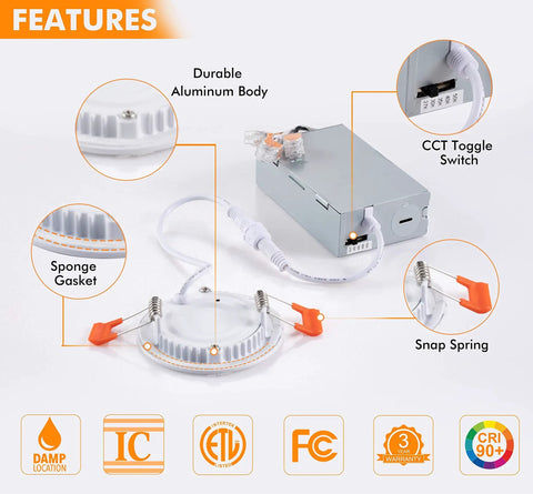 Ultra Thin 3 Inch LED Recessed Light Canless Wafer Downlight IC Rated 8W CRI90 features diagram with components labeled