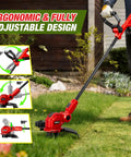 Cordless String Trimmer for Milwaukee M18 Battery, 12-Inch Weed Wacker With Auto Line Feed shown on lawn in use, red design.