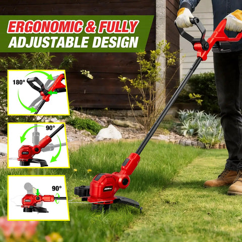 Cordless String Trimmer for Milwaukee M18 Battery, 12-Inch Weed Wacker With Auto Line Feed shown on lawn in use, red design.