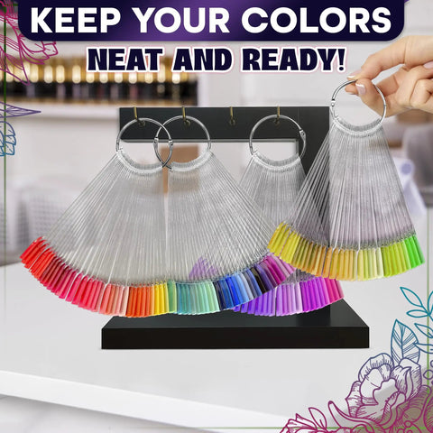 200 Pcs Nail Swatch Sticks Clear Gel Polish Swatches On Metal Ring Display showing colorful acrylic tips