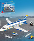 510 Piece City Passenger Airplane Building Set with shuttle bus and baggage truck on display with dimensions