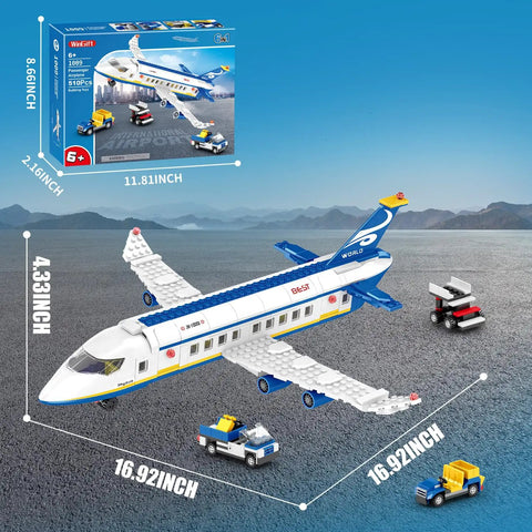 510 Piece City Passenger Airplane Building Set with shuttle bus and baggage truck on display with dimensions