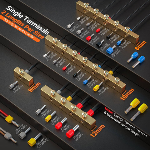 Assortment of single terminals in various sizes and colors displayed on a dark background with labeled measurements.