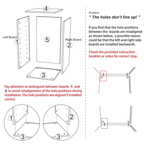 Diagram showing assembly instructions for fixing misaligned holes in storage cart side boards.