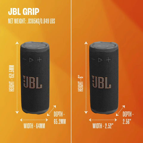 Grip Compact Bluetooth Speaker With Bold Pro Sound And Ambient Light, dimensions and features overview on orange background.