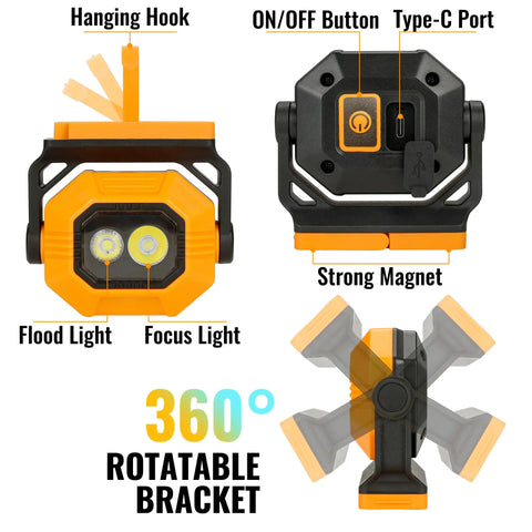 Two Pack 1500 Lumen Rechargeable Work Light With Magnetic Base And 360 Degree Rotating Head IPX4 Waterproof 3 Modes Perfect For Car Repair On The Job Site And Emergency Lighting. Features include hanging hook, Type-C port, and strong magnet.