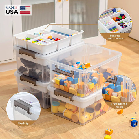 Stacked 17 Quart Clear Plastic Storage Boxes with Removable Tray and Five Partition Compartments for organizing crafts and toys.