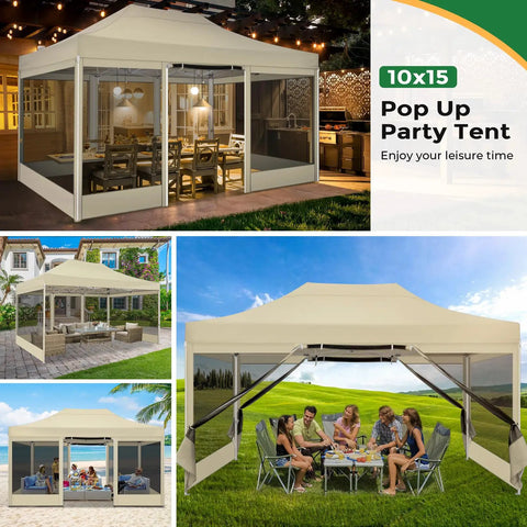 10x15 Heavy Duty Pop Up Canopy Tent With Sidewalls Pro Grade Gazebo for Outdoor Parties with Mosquito Netting