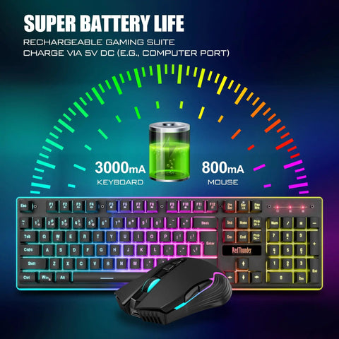 Wireless Gaming Keyboard And Mouse Combo With LED Backlit Rechargeable 3800mAh Battery Mechanical Feel Anti-Ghosting Keyboard 7D 3200DPI Mouse 2.4G High-Speed Wireless For PC Gamers.