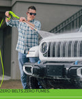 Person using Electric Pressure Washer 3000 PSI 2.0 GPM TruBrushless Motor Beast Mode on car with foldable handle