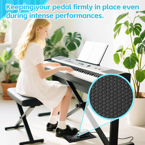 Woman playing electronic piano with Non Slip Piano Sustain Pedal Mat for Digital Keyboard And Electric Piano, anti-slip mat detail