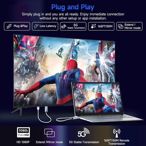 Laptop and TV displaying movie with Wireless HDMI Transmitter and Receiver Kit for 4K Display with 165 Feet Range No Drivers Needed
