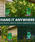 Cactus Top Fill Glass Hummingbird Feeder With Built In Bee Guards And Removable Perches 32 Ounce Nectar Capacity Outdoor Hummingbird Feeder For Gardens, displayed hanging in various outdoor settings.