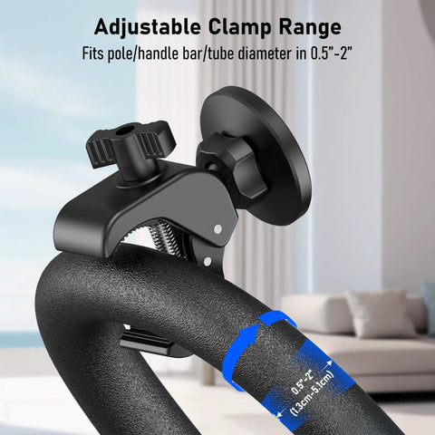 Ultra Strong Magnetic Phone Holder Clamp Mount on 0.5 to 2 inch handlebar, for Gym and On The Go use, close-up view.
