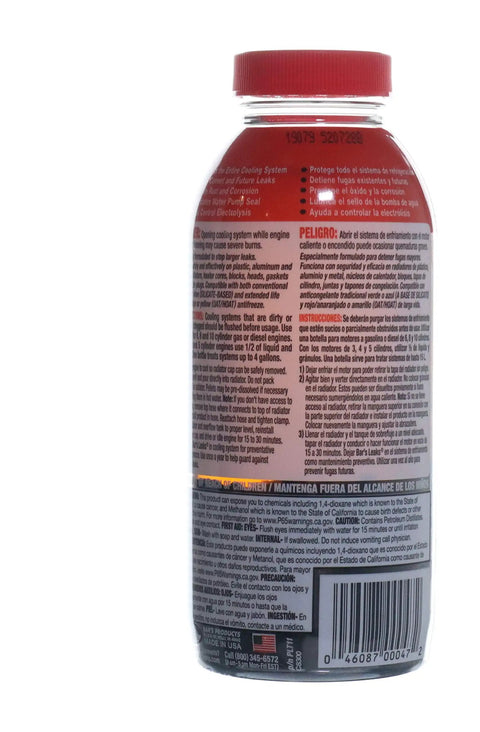 Side view of Pelletized HD Radiator Stop Leak 11 Oz bottle for cars and trucks, with text and red cap visible.