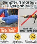 Heavy Duty Pro Grade RTV Silicone Gasket Maker For High Temp Oil And Chemical Resistant Sealing Form In Place Sealant With Auto Dispensing Nozzle For Perfect Leak Proof Beads Black shown in use, highlighting no waste and no caulking gun needed.