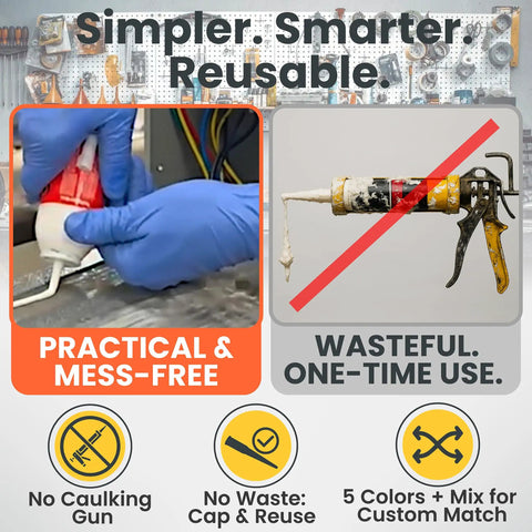 Heavy Duty Pro Grade RTV Silicone Gasket Maker For High Temp Oil And Chemical Resistant Sealing Form In Place Sealant With Auto Dispensing Nozzle For Perfect Leak Proof Beads Black shown in use, highlighting no waste and no caulking gun needed.