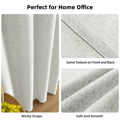 100 Percent Blackout Curtains For Bedroom And Living Room Linen Textured Thermal Insulated Room Darkening Grommet Top Drapes 52 W X 72 L 2 Panels Set Blocks Light And UV Quiet Sleep For A Home Theater Vibe showing linen texture and smooth drape.