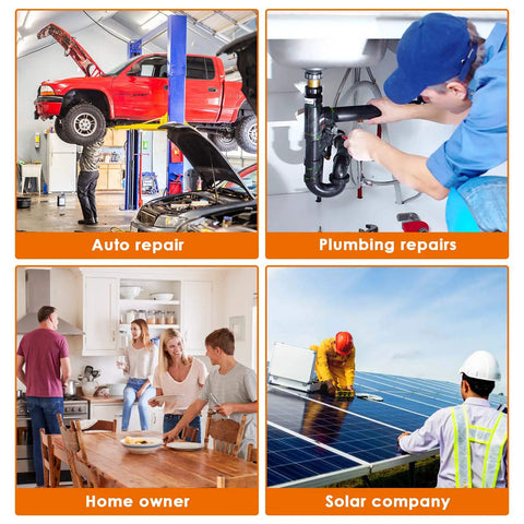 Auto repair, plumbing, home cooking, and solar panel installation services depicted in four images.