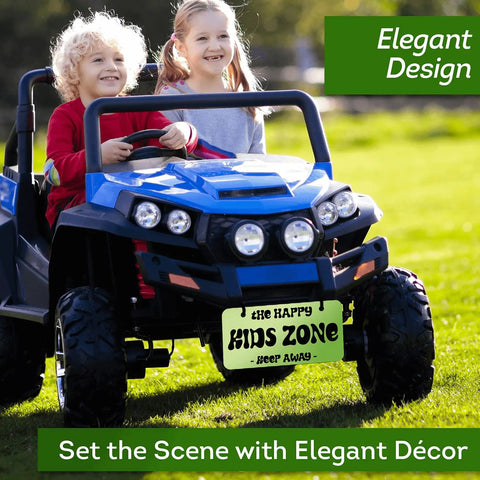Kids in toy car with Custom Mini License Plate 3X6 Inch Metal For Bikes ATV Kids Cars Kids Bike Golf Carts Wagons Key Rings