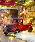 Iron Classic Red 12 Inch Pickup Truck Figurine For Home Decor with Christmas lights under a decorated tree
