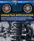 Heavy Duty 2 Way Adjustable Coil Spring Spacers 4 Pack mounted on car suspension, showcasing before and after lift effect.