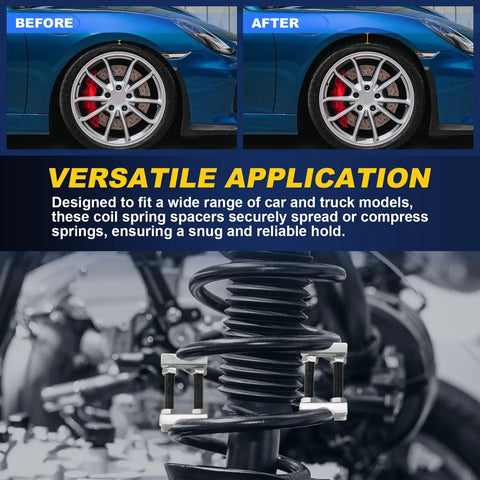 Heavy Duty 2 Way Adjustable Coil Spring Spacers 4 Pack mounted on car suspension, showcasing before and after lift effect.