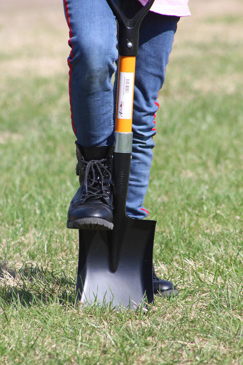 Person using Medium Square Shovel With D Cup Handle 27 Inch Length Durable Build Comfortable Grip For Gardening Landscaping Snow Removal