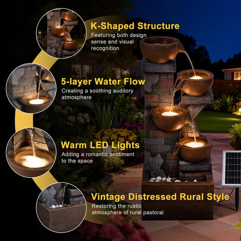 Five Tier Solar Outdoor Water Fountain With LED Lights 33 Point 5 Inch Tall Waterfall feature with solar panel and decorative pebbles