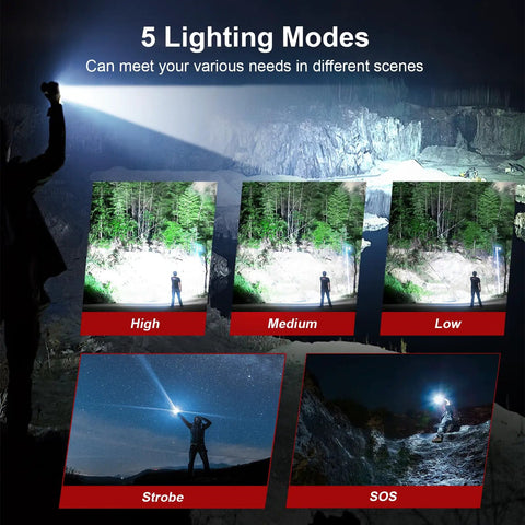 Beast Bright 10000 Lumen Flashlight showing 5 lighting modes in outdoor scenes with High, Medium, Low, Strobe, and SOS settings