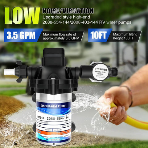 12V Fresh Water Pump For RV And Boat, Diaphragm Pump With 3.5 GPM, 45 PSI, 1/2 NPT Connection, Low Noise Operation, Detachable Filters