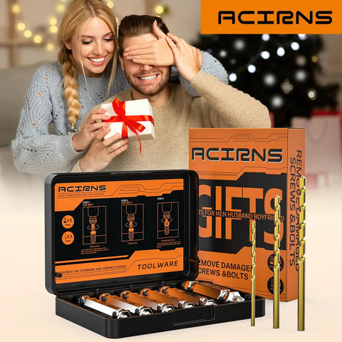Damaged Screw Extractor Kit Must Have for Stripped Rusty Screws 9 Piece Set From ACIRNS With HSS 4341 Extractors shown with gift box