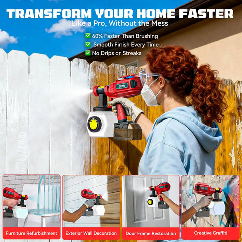 Professional Grade Cordless Paint Sprayer Compatible With Milwaukee 18V Side Fill 1200 ML Tank 43000 RPM Four Nozzles Tool Only For Oil Based Stains Varnish Enamel shown in use staining a wooden fence.