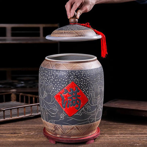 Premium Ceramic Rice Storage Container With Wooden Base Airtight Kitchen Canister For Flour And Grains Artful Chinese Design Food Dispenser with lid being lifted.