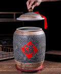 Kick Up Your Pantry Vibes With This Beautiful Patterned Ceramic Rice Jar Wooden Base Grain Flour Snack Storage Container Keep Your Dry Goods Fresh As Can Be with lid being lifted.