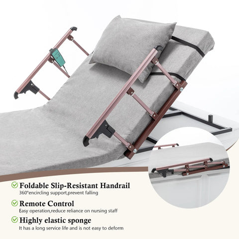 Adjustable bed backrest with electric lift, remote control, foldable safety rails 300 lb capacity, grey for elderly care.