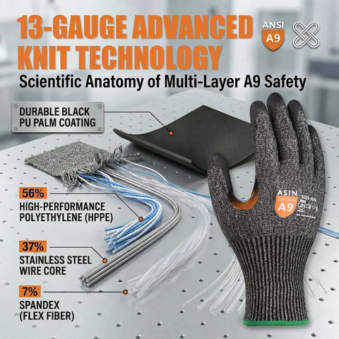 Tough as Nails A9 Cut Resistant Work Gloves For Men, Touchscreen Compatible, ANSI Level 9 Protection, Steel Fiber With HPPE Core And Reinforced Thumb, displayed with materials used.
