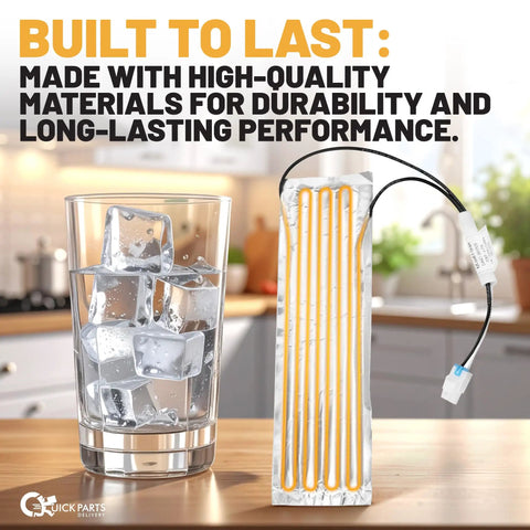 Upgraded Ice Maker Fill Tube Heater Replacement For Samsung Refrigerators shown next to a glass of ice cubes on a kitchen counter.
